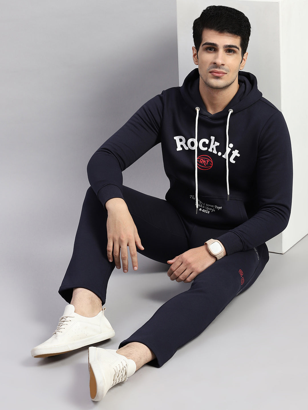 Rock.it Men Navy Blue Printed Hooded Full Sleeve Winter Tracksuit