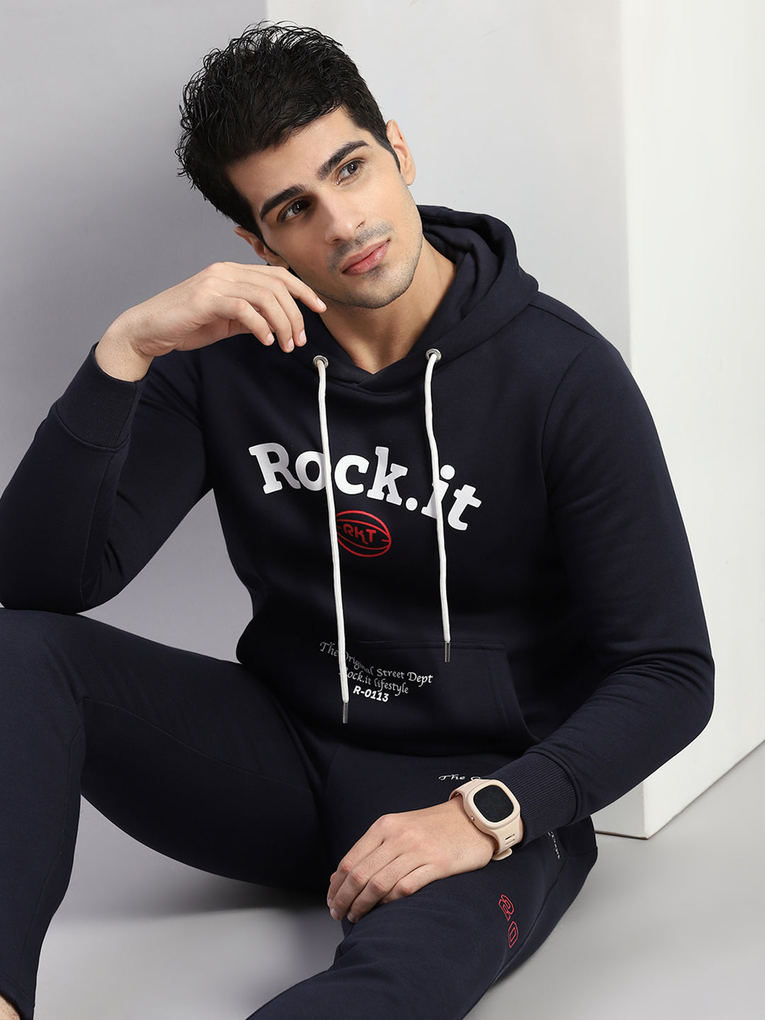 Rock.it Men Navy Blue Printed Hooded Full Sleeve Winter Tracksuit
