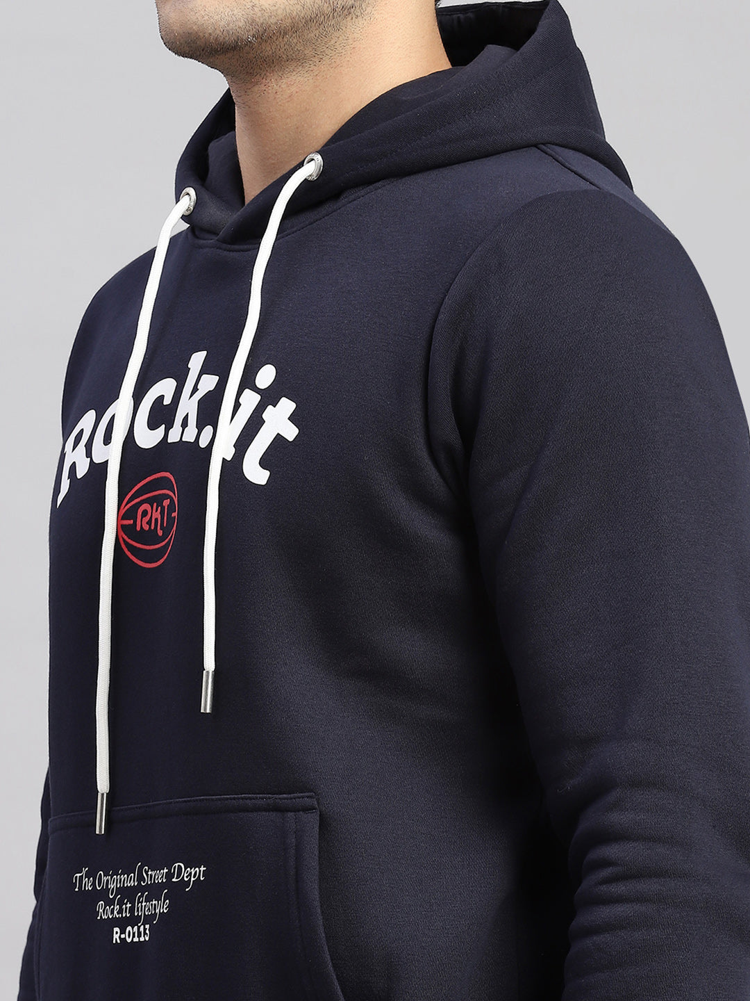 Rock.it Men Navy Blue Printed Hooded Full Sleeve Winter Tracksuit
