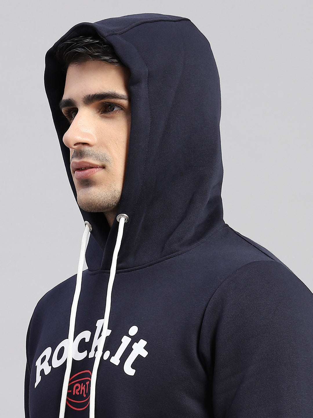 Rock.it Men Navy Blue Printed Hooded Full Sleeve Winter Tracksuit