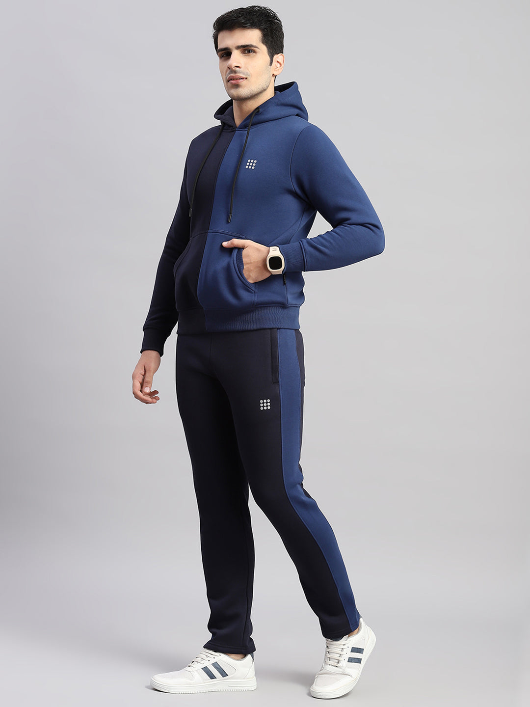 Rock.it Men Navy Blue Solid Hooded Full Sleeve Winter Tracksuit