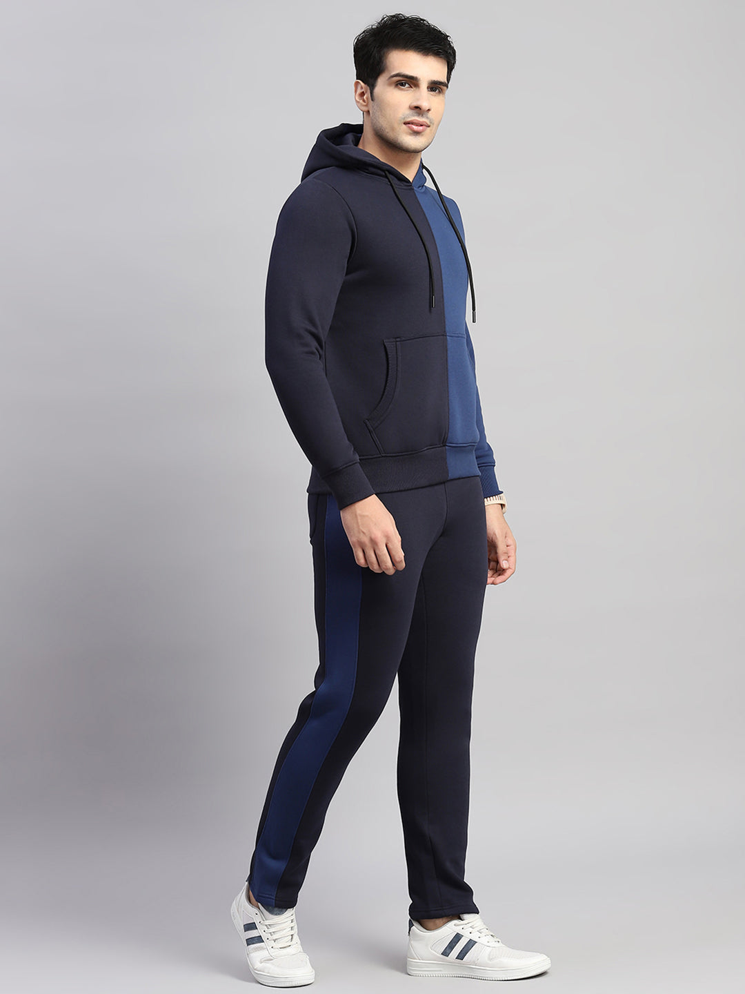 Rock.it Men Navy Blue Solid Hooded Full Sleeve Winter Tracksuit