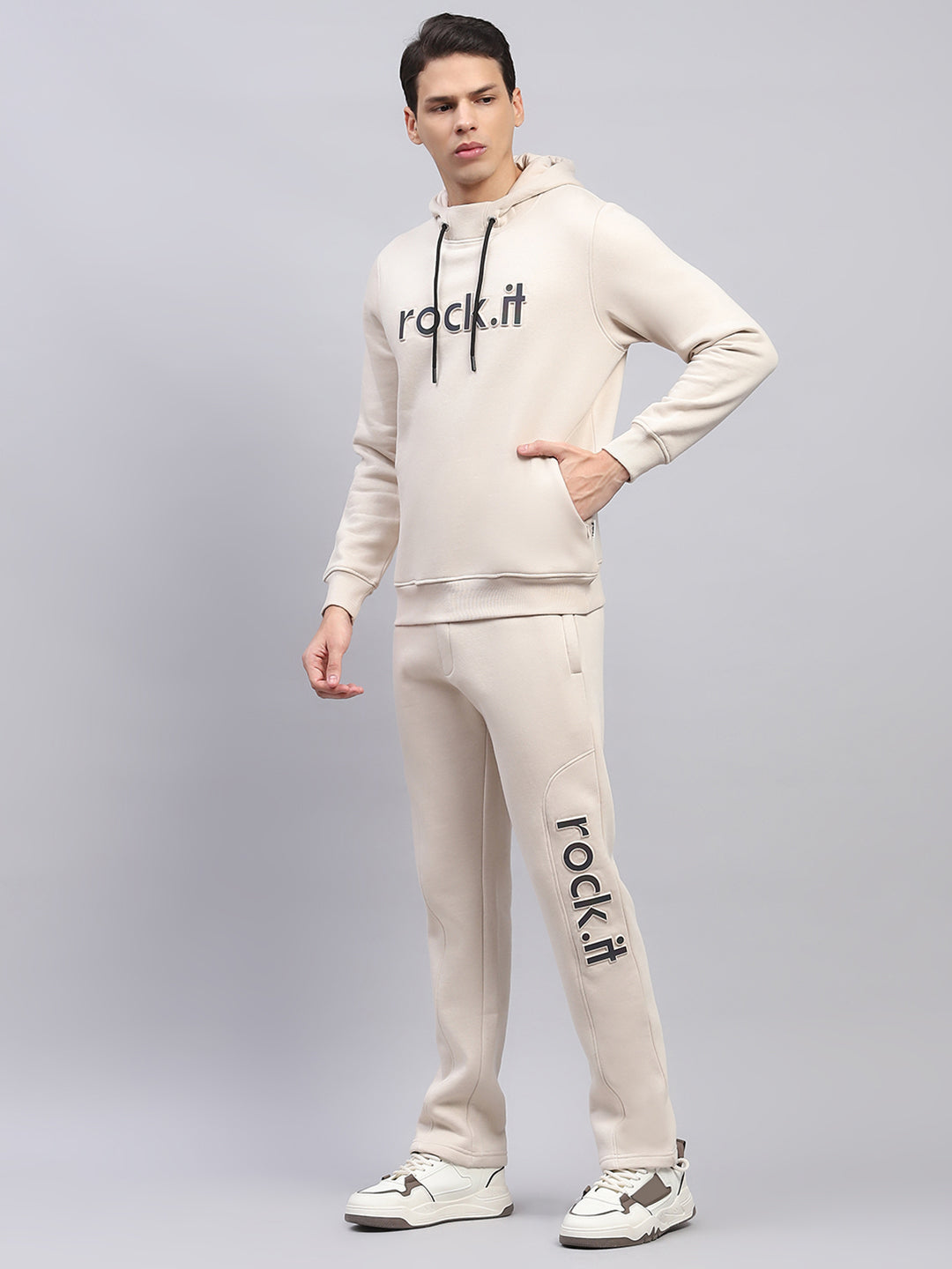 Rock.it Men Cream Printed Hooded Full Sleeve Winter Tracksuit