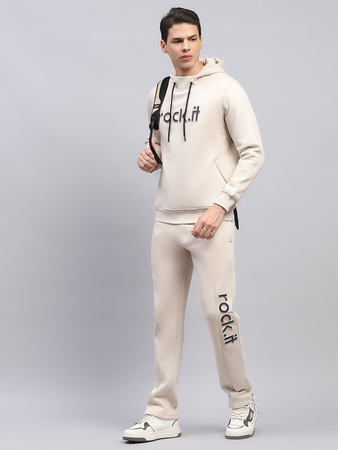 Rock.it Men Cream Printed Hooded Full Sleeve Winter Tracksuit