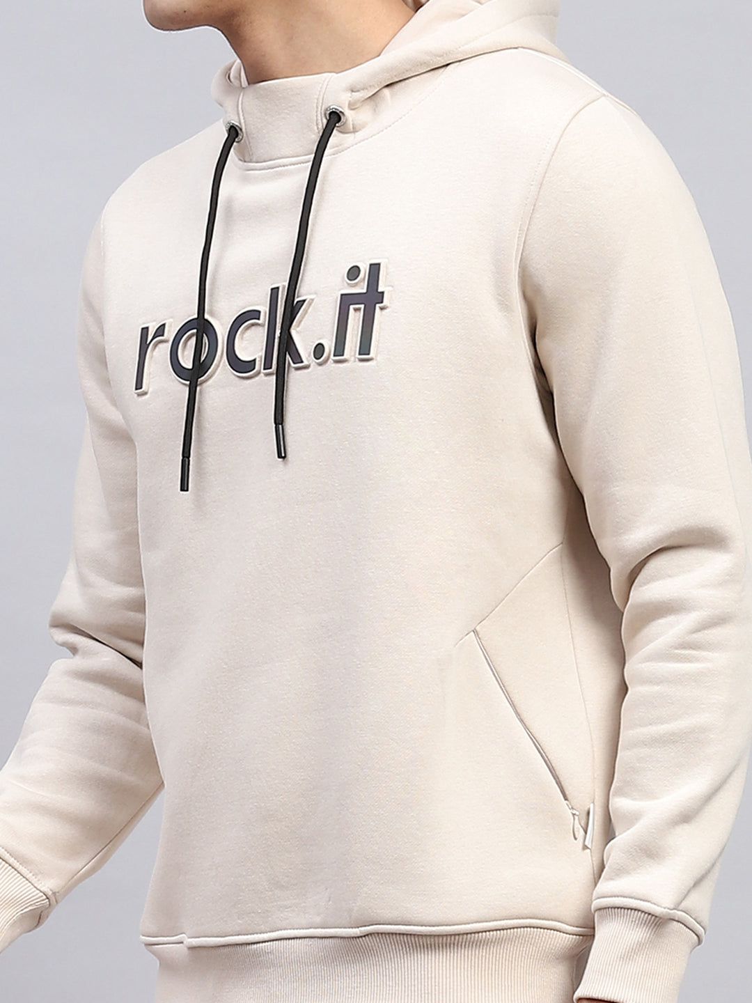 Rock.it Men Cream Printed Hooded Full Sleeve Winter Tracksuit