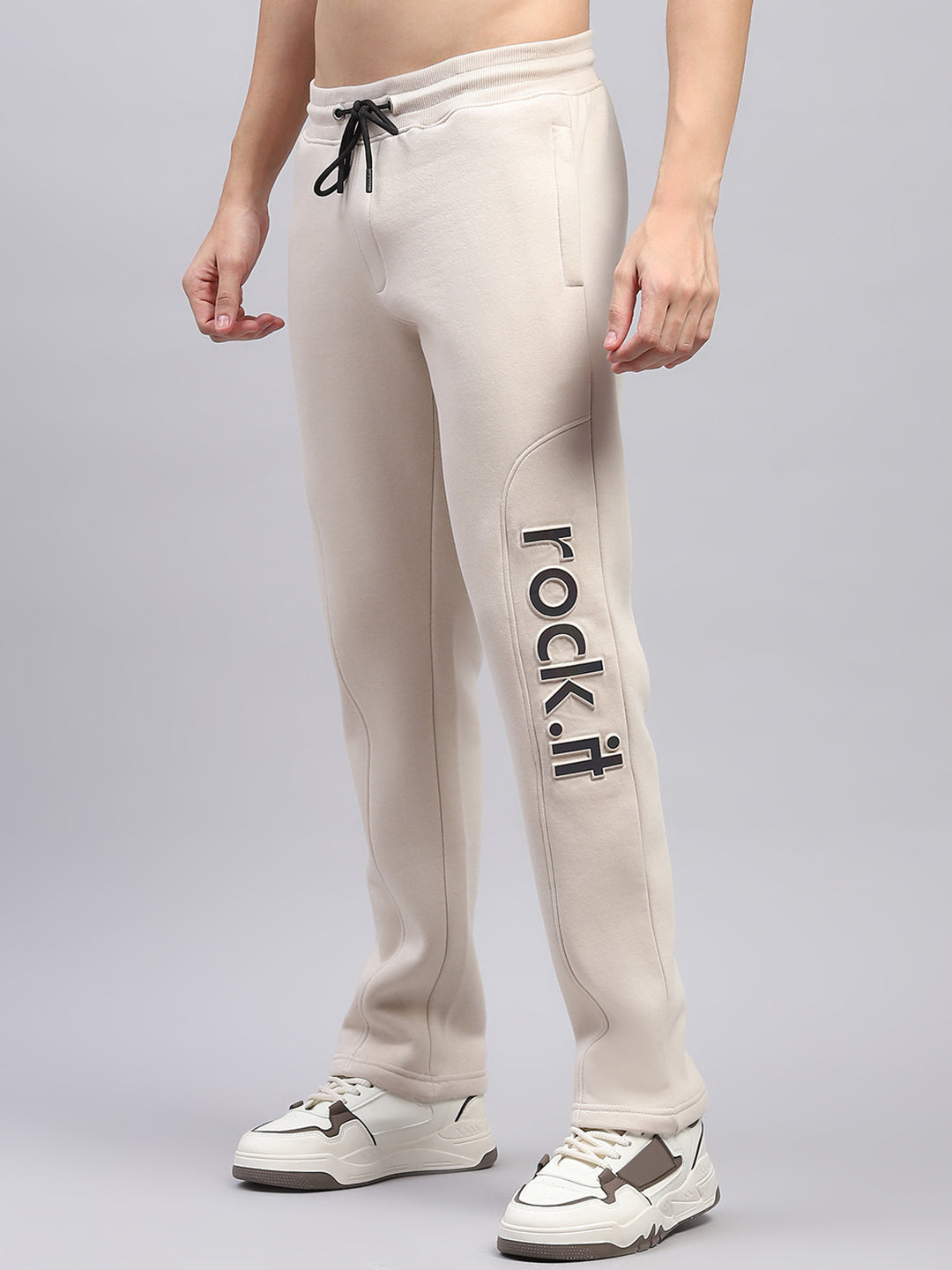 Rock.it Men Cream Printed Hooded Full Sleeve Winter Tracksuit