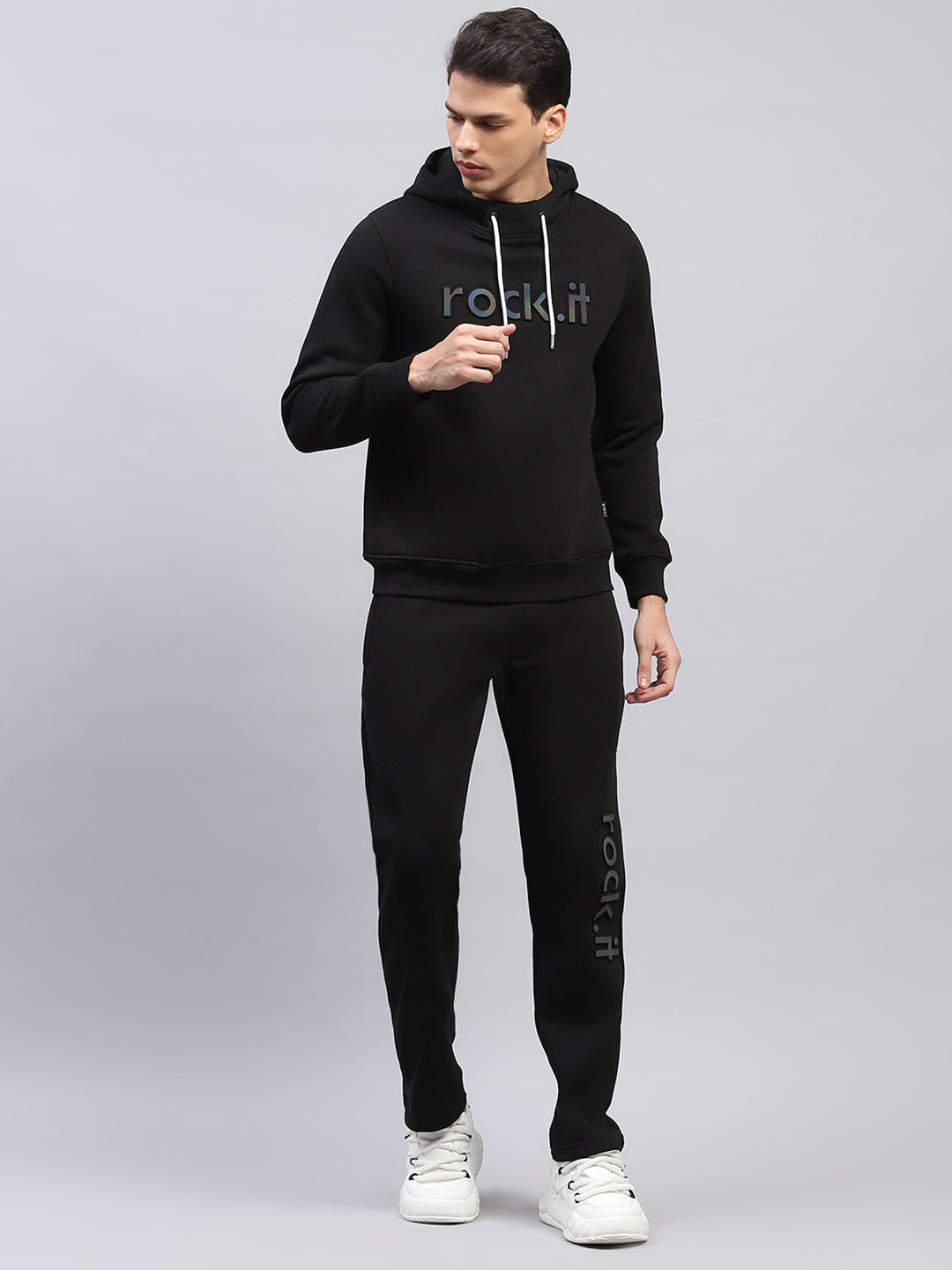 Buy Men Black Printed Hooded Full Sleeve Winter Tracksuit Online