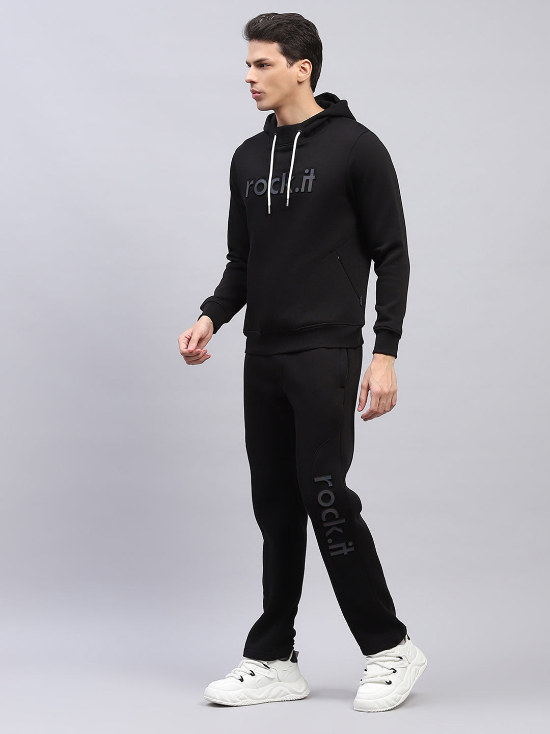 Rock.it Men Black Printed Hooded Full Sleeve Winter Tracksuit