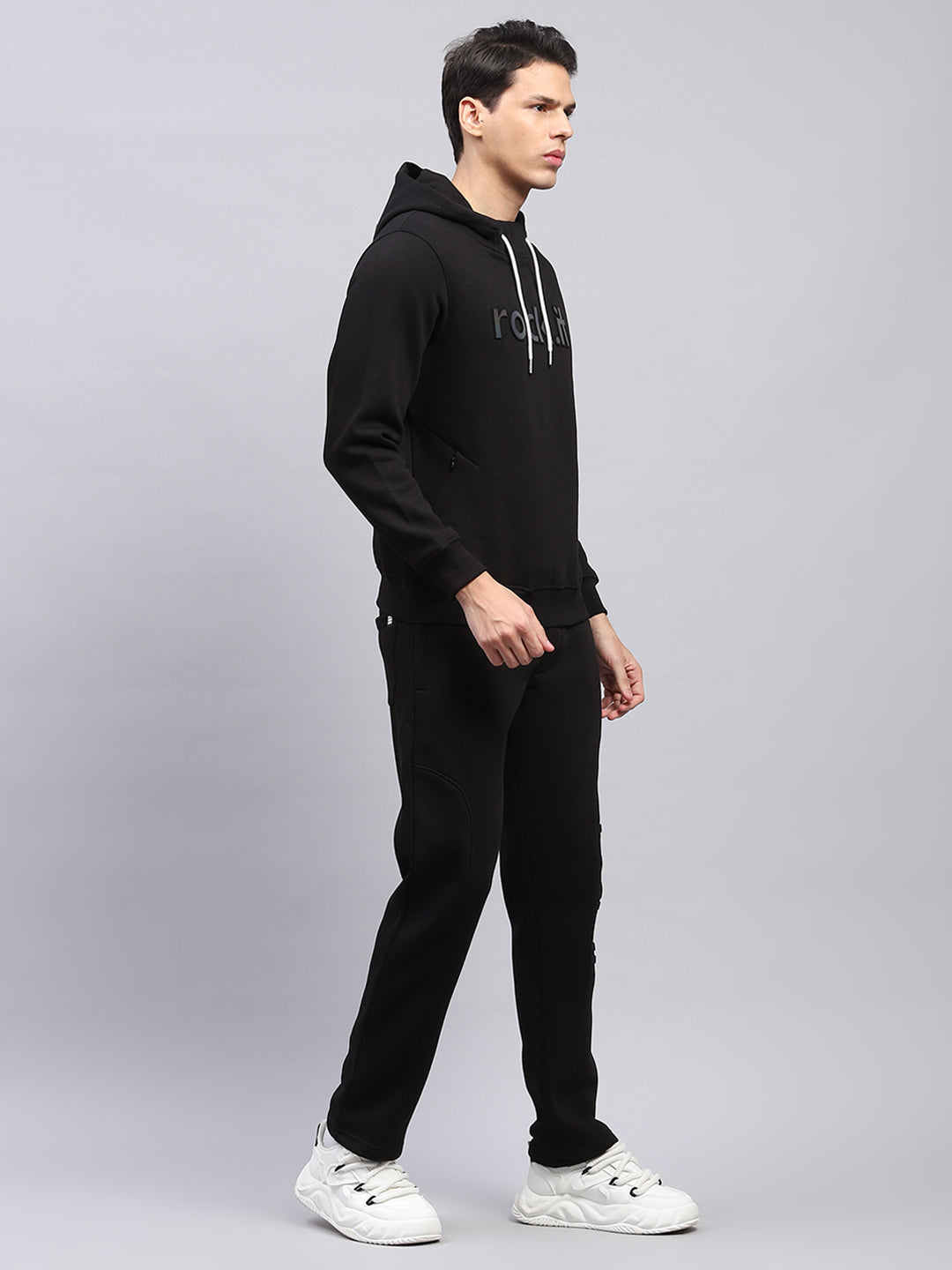 Rock.it Men Black Printed Hooded Full Sleeve Winter Tracksuit