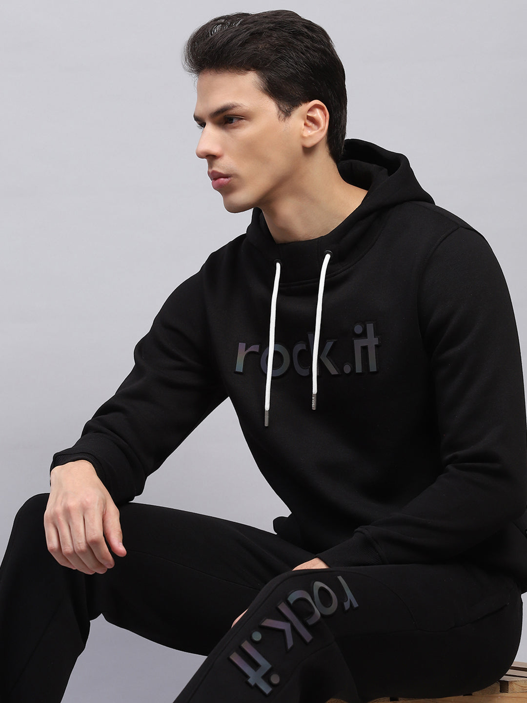 Rock.it Men Black Printed Hooded Full Sleeve Winter Tracksuit