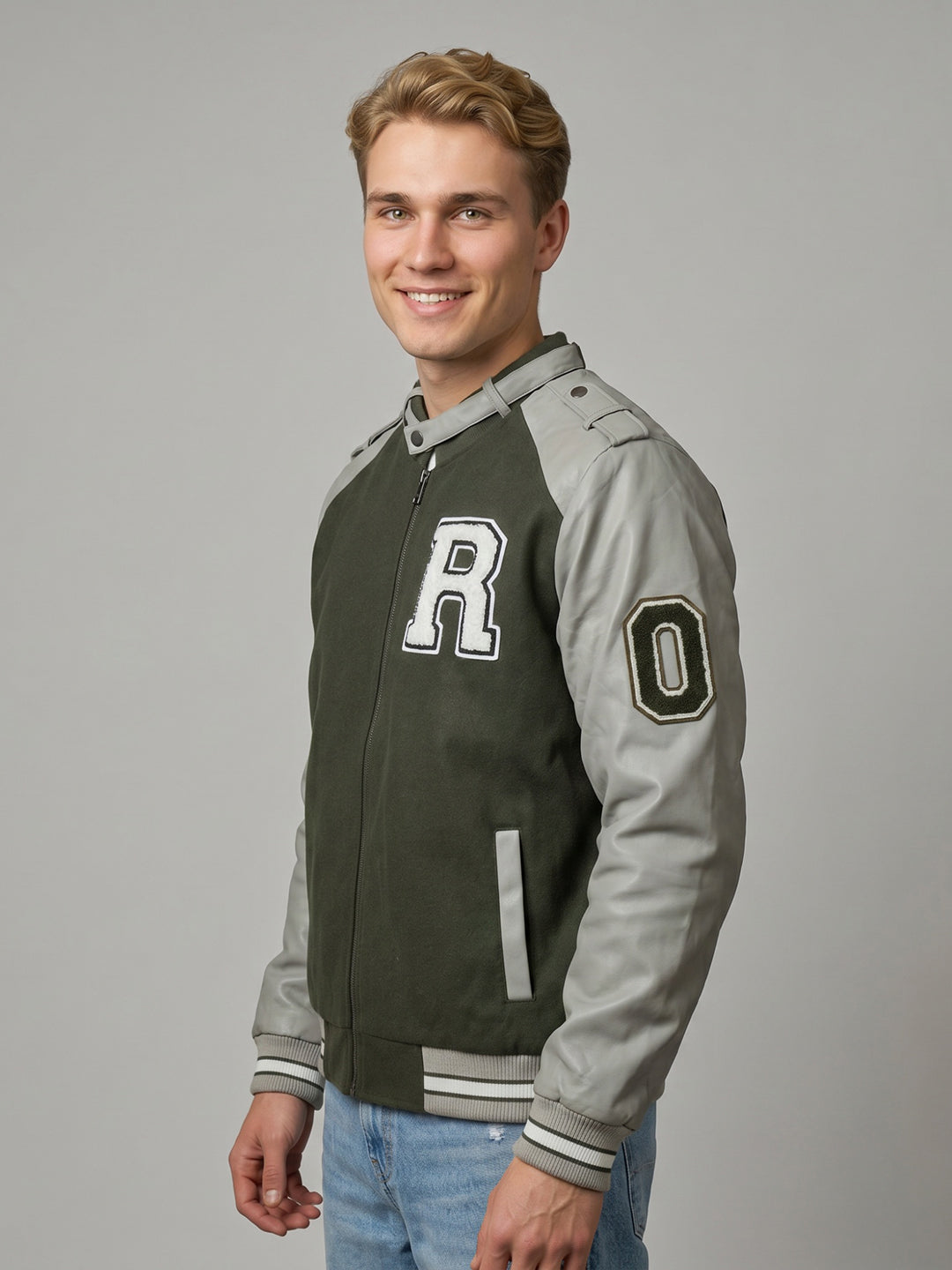 Rock.it Men Olive Self Design Stand Collar Full Sleeve Bomber Jacket