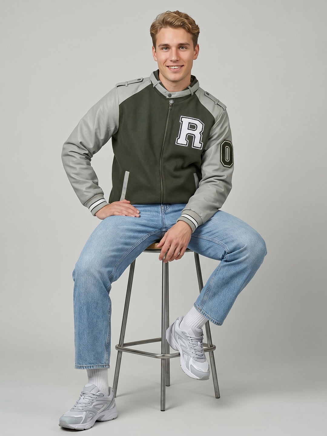 Rock.it Men Olive Self Design Stand Collar Full Sleeve Bomber Jacket