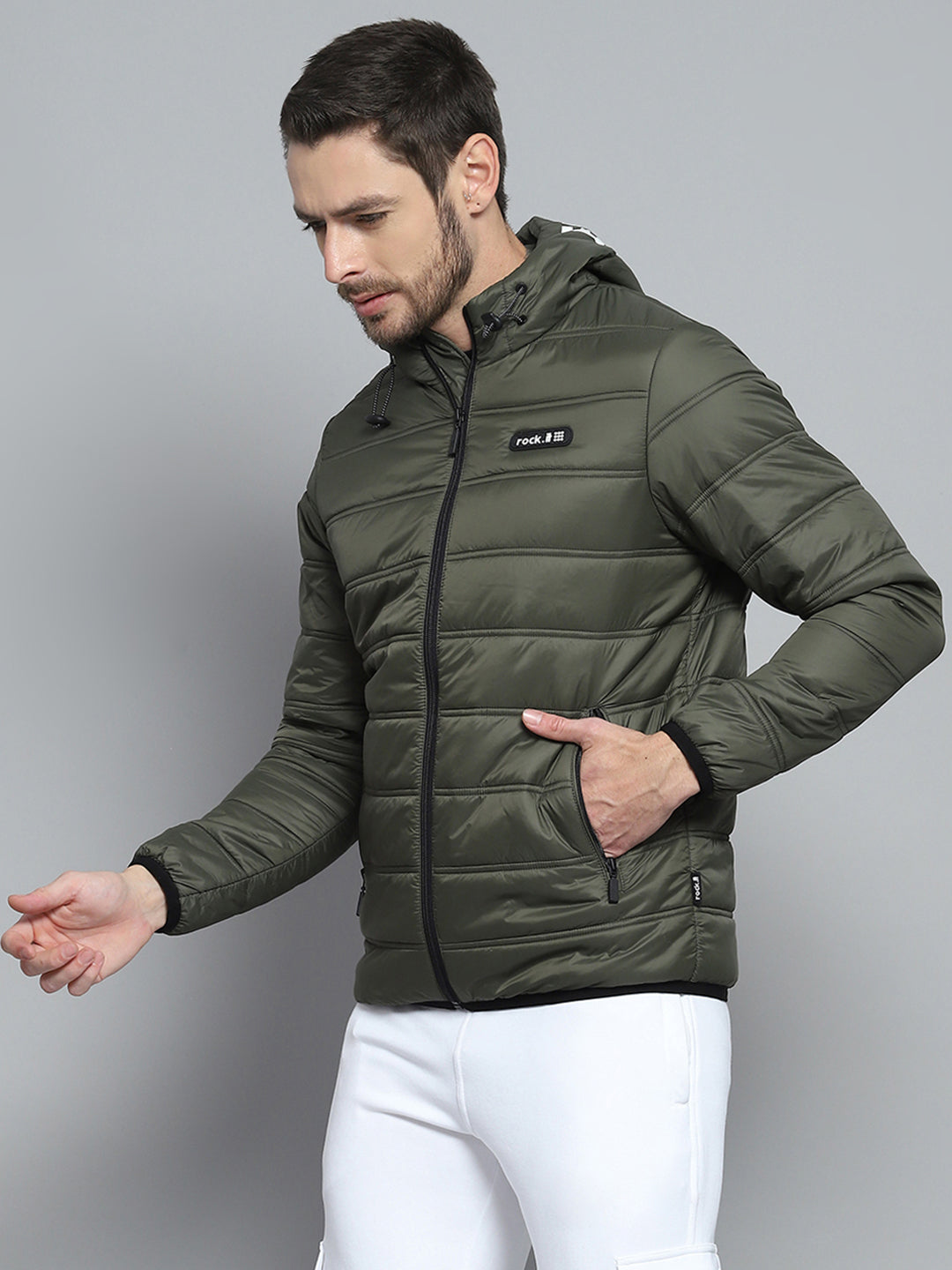 Rock.it Men Olive Printed Hooded Full Sleeve Jacket