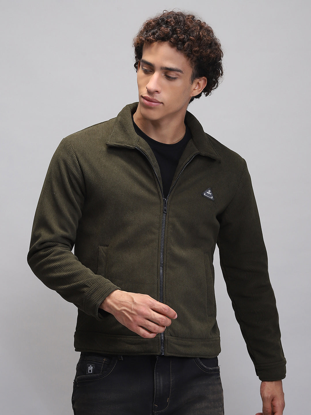 Rock.it Men Olive Solid Collar Full Sleeve Knitted Jacket