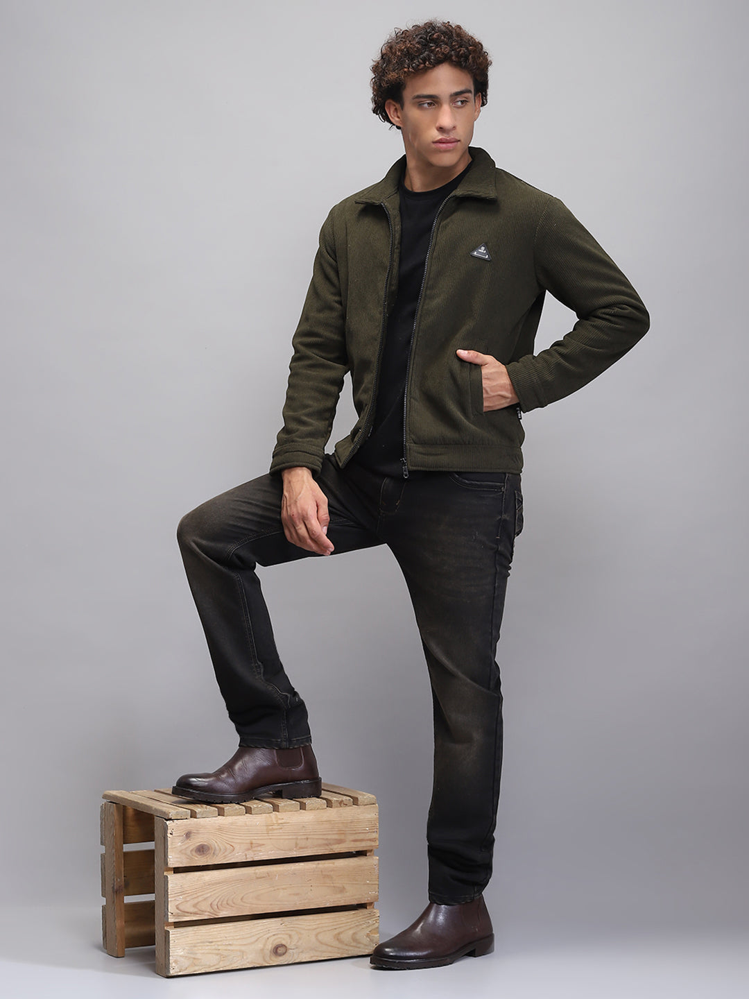 Rock.it Men Olive Solid Collar Full Sleeve Knitted Jacket