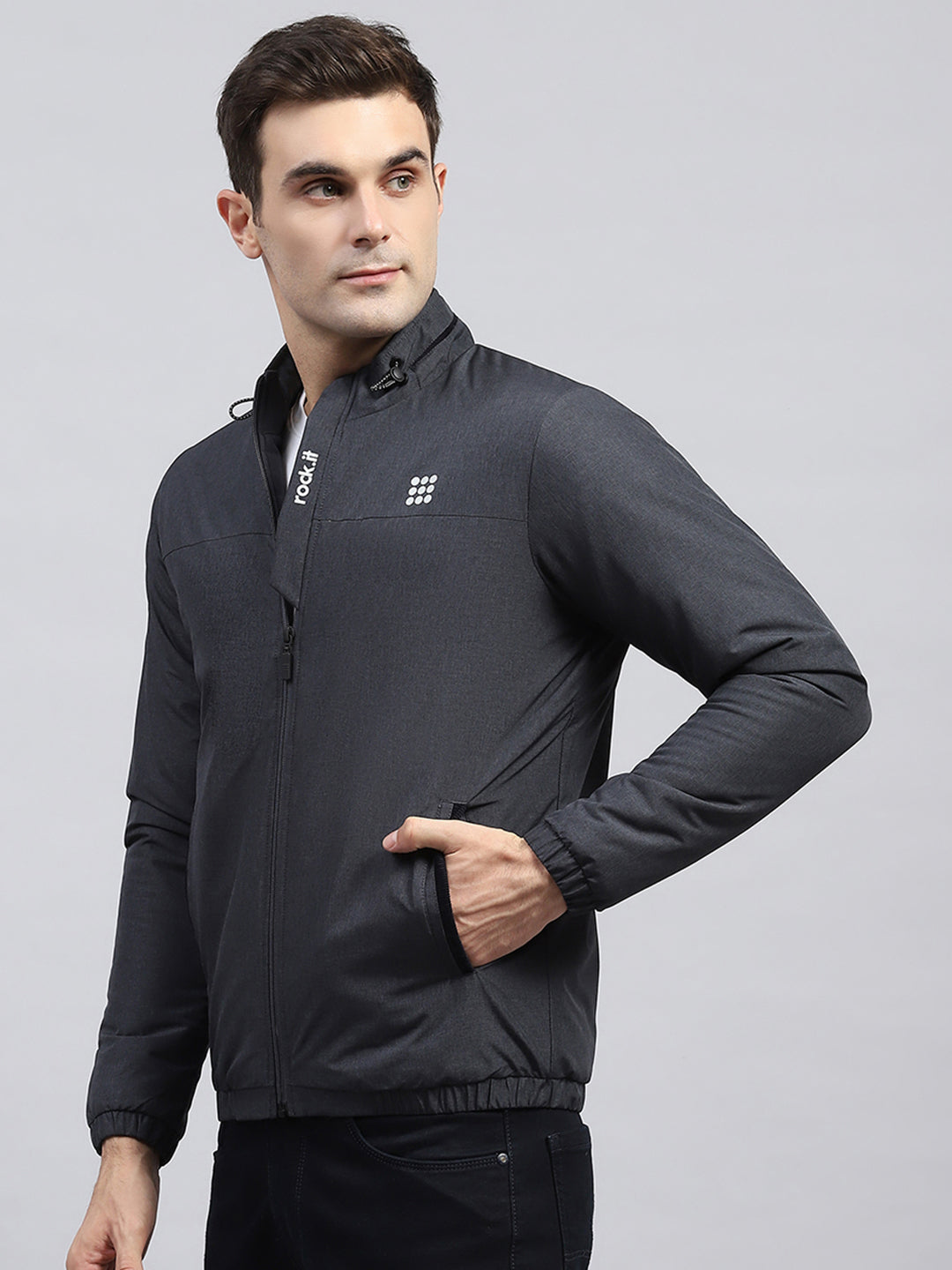 Rock.it Men Charcoal Solid Mock Neck Full Sleeve Jacket