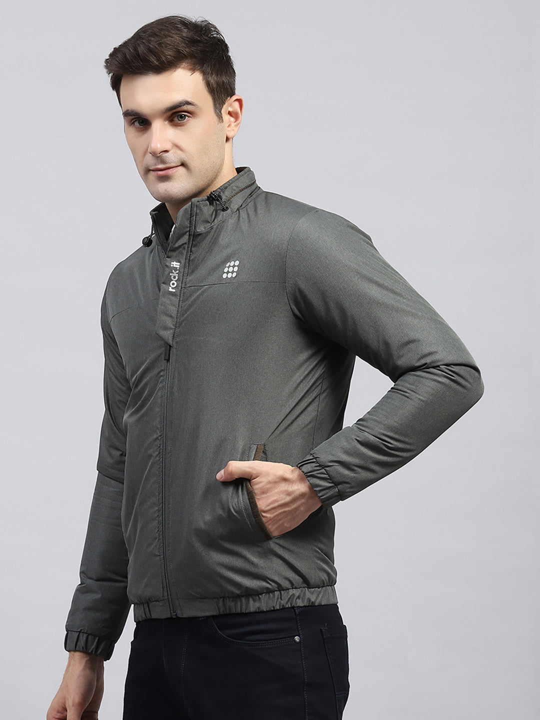 Rock.it Men Olive Solid Mock Neck Full Sleeve Jacket