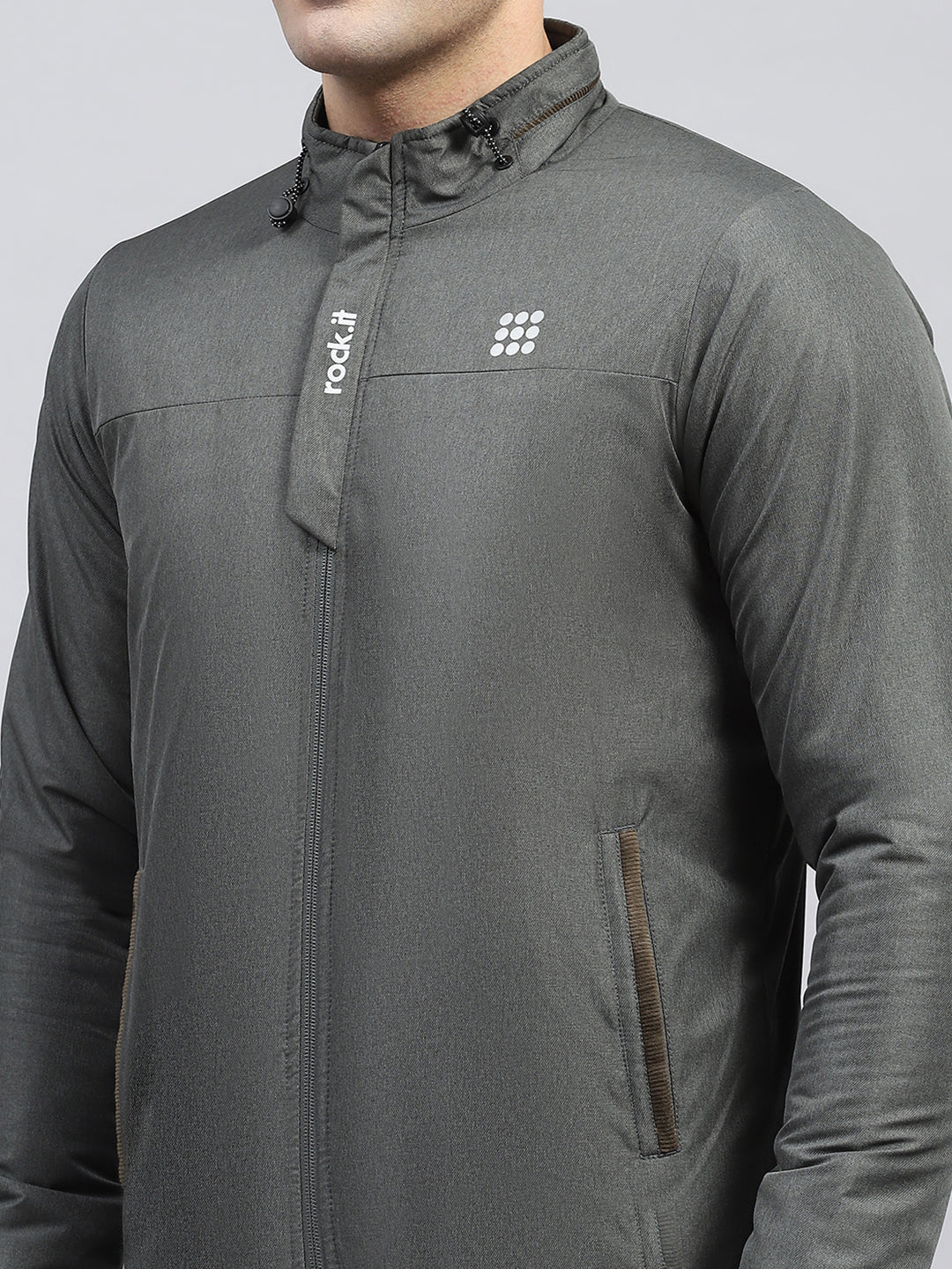 Rock.it Men Olive Solid Mock Neck Full Sleeve Jacket