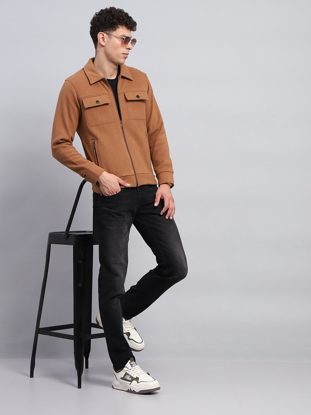 Rock.it Men Camel Brown Solid Collar Full Sleeve Knitted Jacket