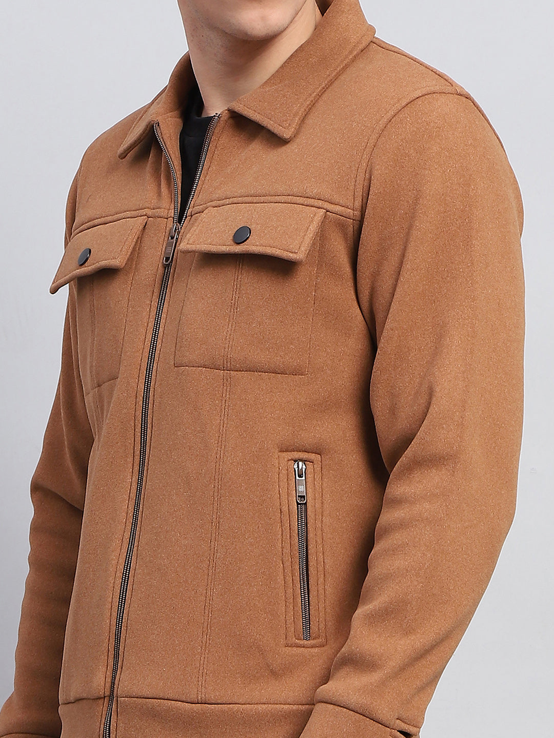 Rock.it Men Camel Brown Solid Collar Full Sleeve Knitted Jacket