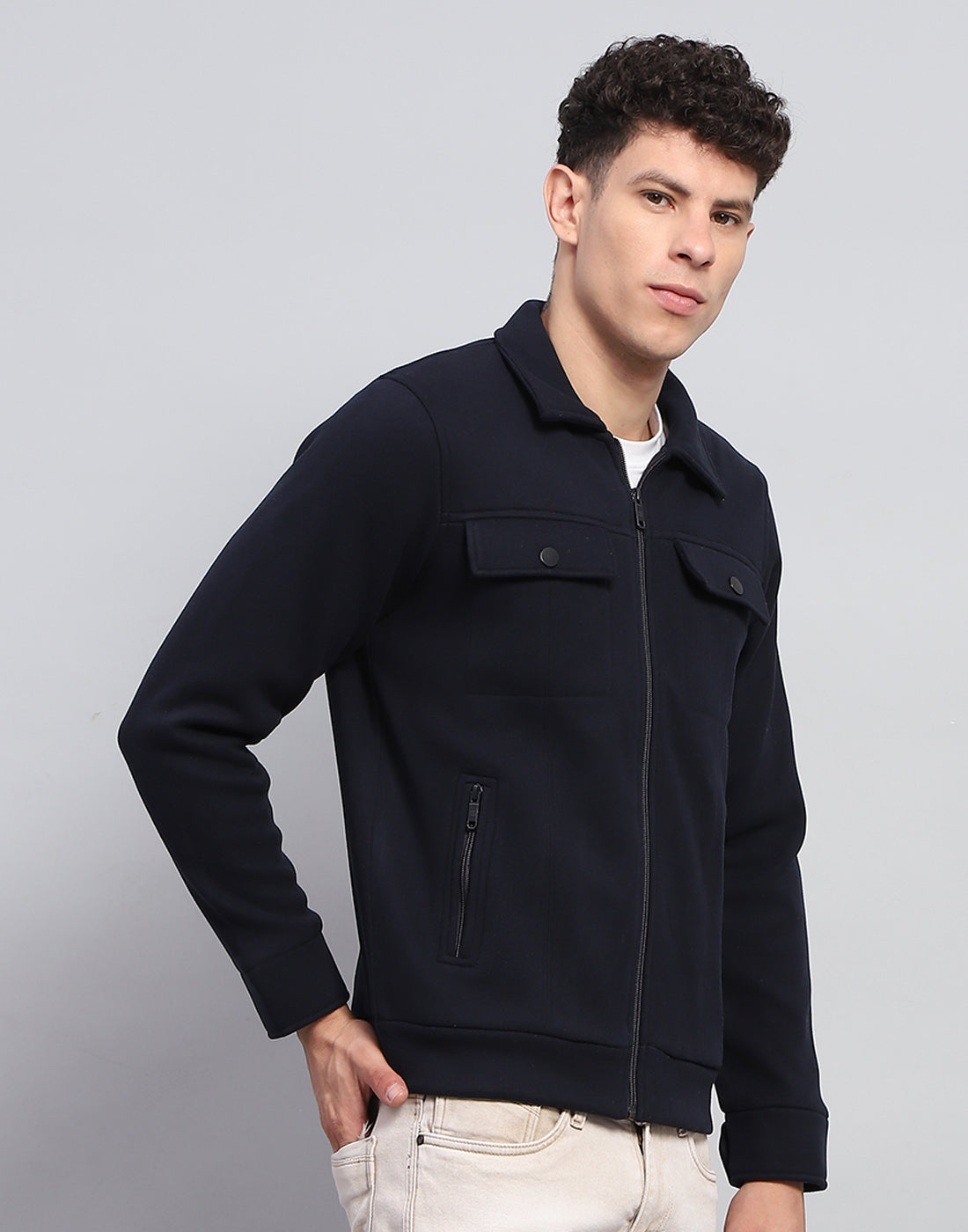 Rock.it Men Navy Blue Solid Collar Full Sleeve Knitted Jacket