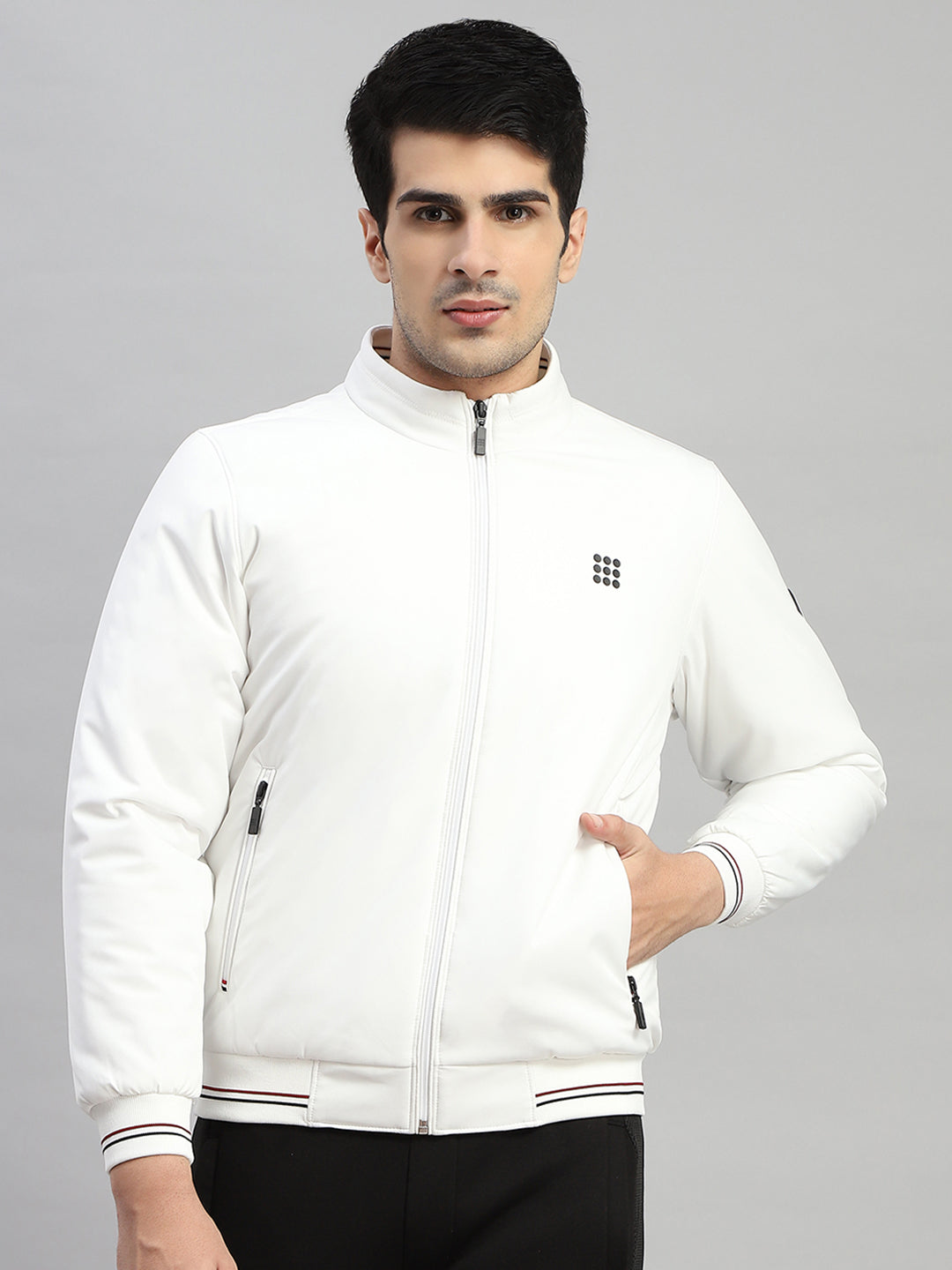Rock.it Men White Solid Mock Neck Full Sleeve Jacket