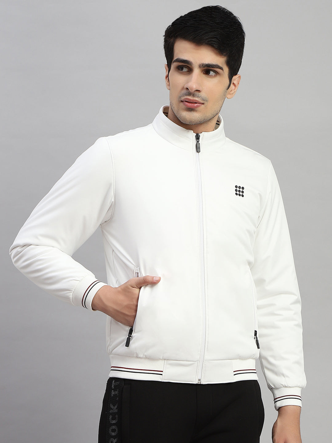Rock.it Men White Solid Mock Neck Full Sleeve Jacket