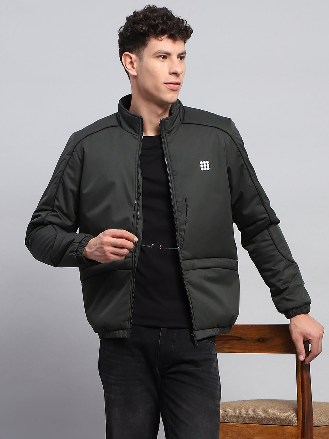 Rock.it Men Olive Solid Mock Neck Full Sleeve Jacket