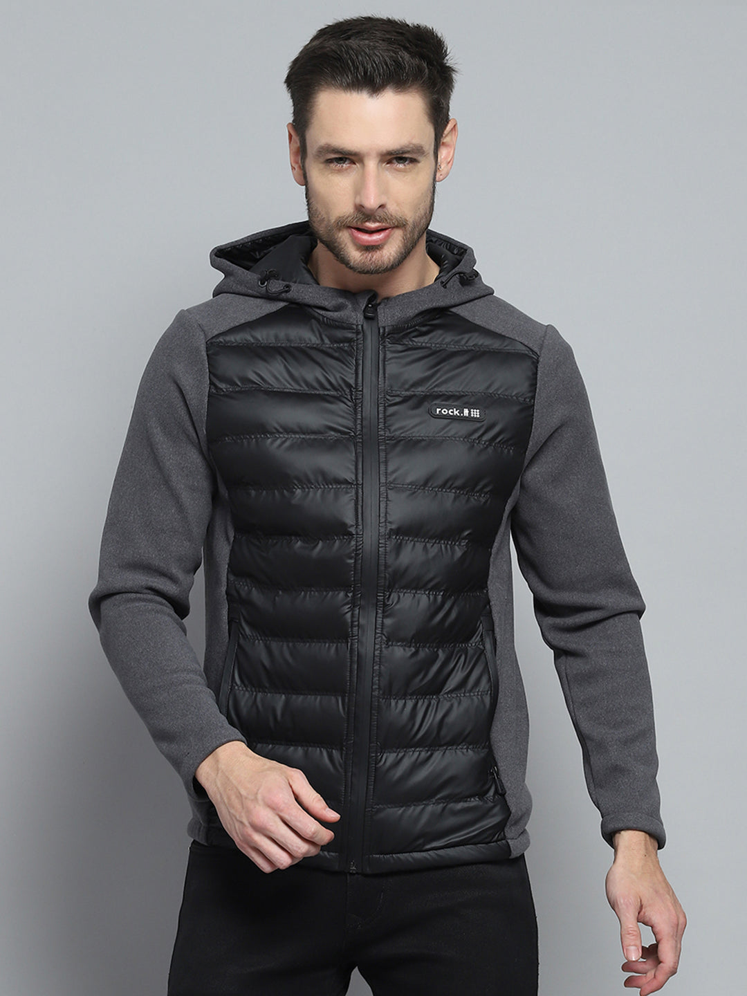 Rock.it Men Charcoal Solid Hooded Full Sleeve Jacket