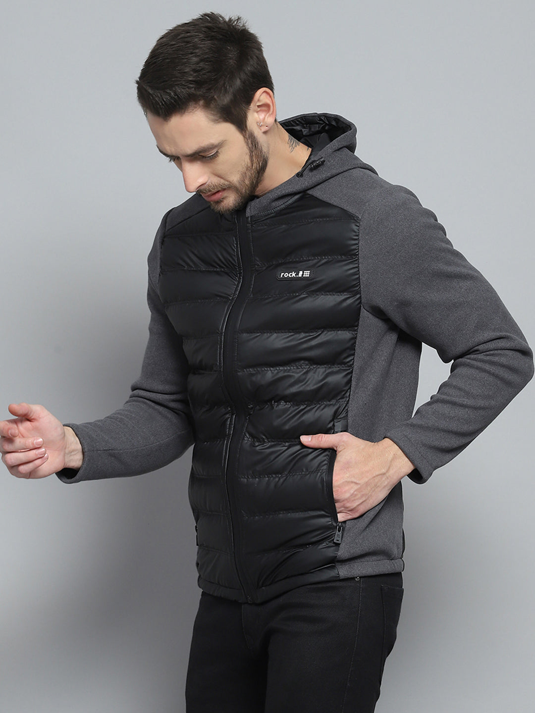 Rock.it Men Charcoal Solid Hooded Full Sleeve Jacket
