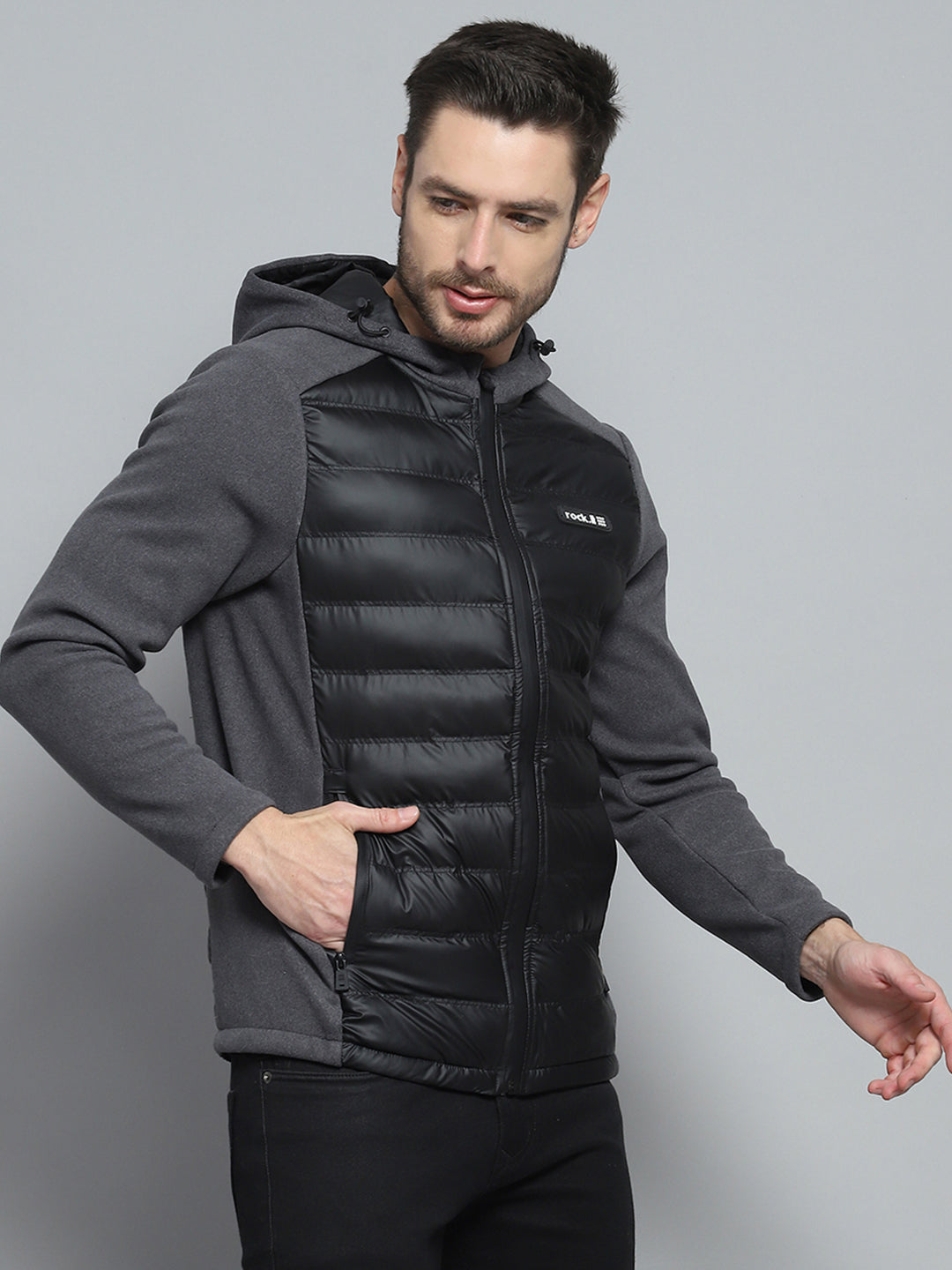 Rock.it Men Charcoal Solid Hooded Full Sleeve Jacket