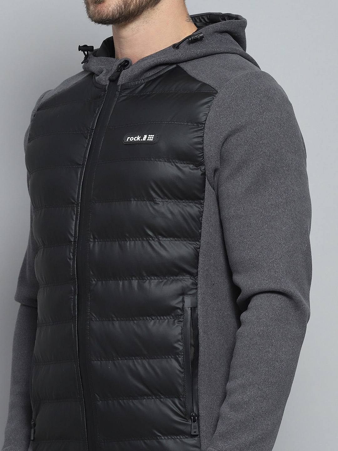 Rock.it Men Charcoal Solid Hooded Full Sleeve Jacket