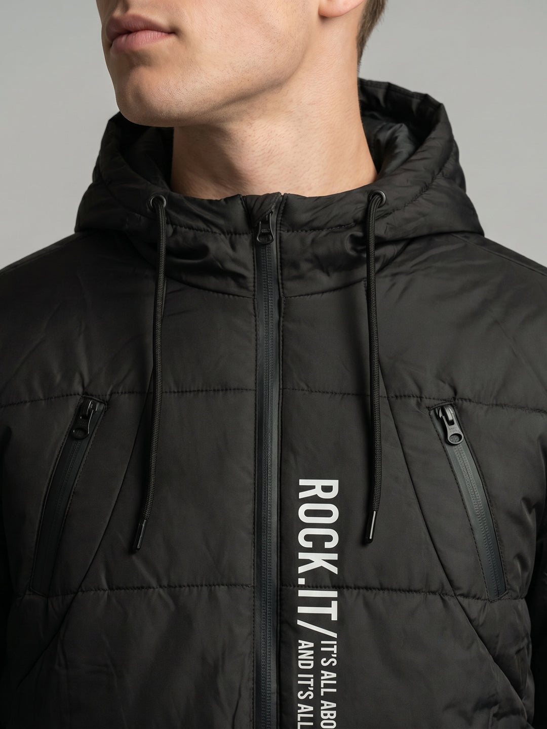 Rock.it Men Black Solid Hooded Full Sleeve Puffer Jacket