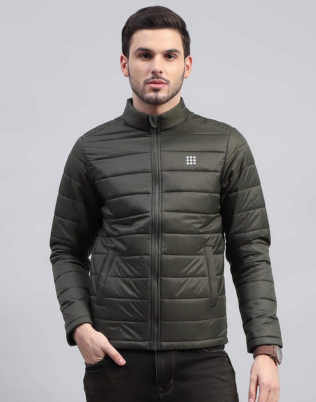 Rock.it Men Olive Solid Band Collar Full Sleeve Jacket