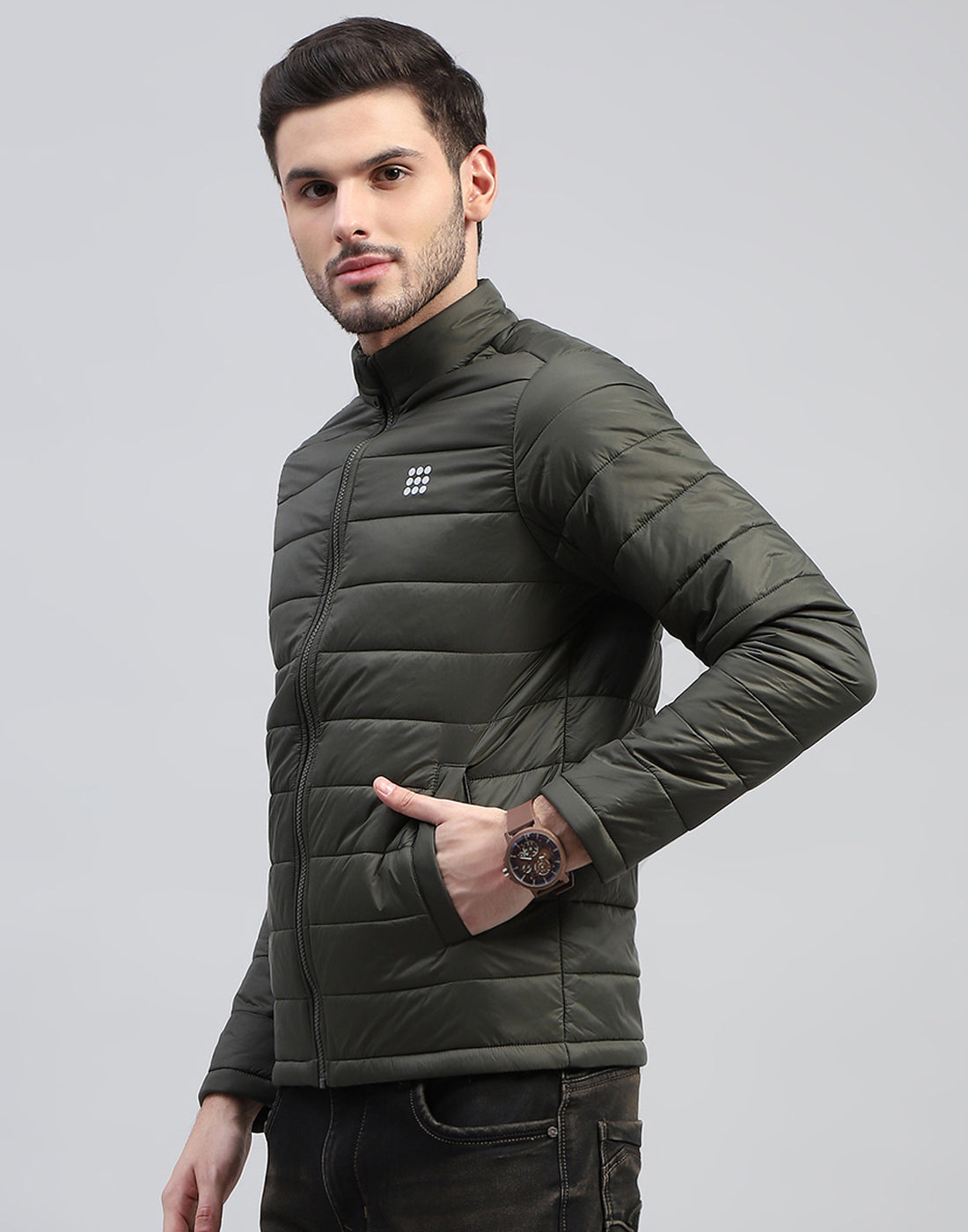 Rock.it Men Olive Solid Band Collar Full Sleeve Jacket