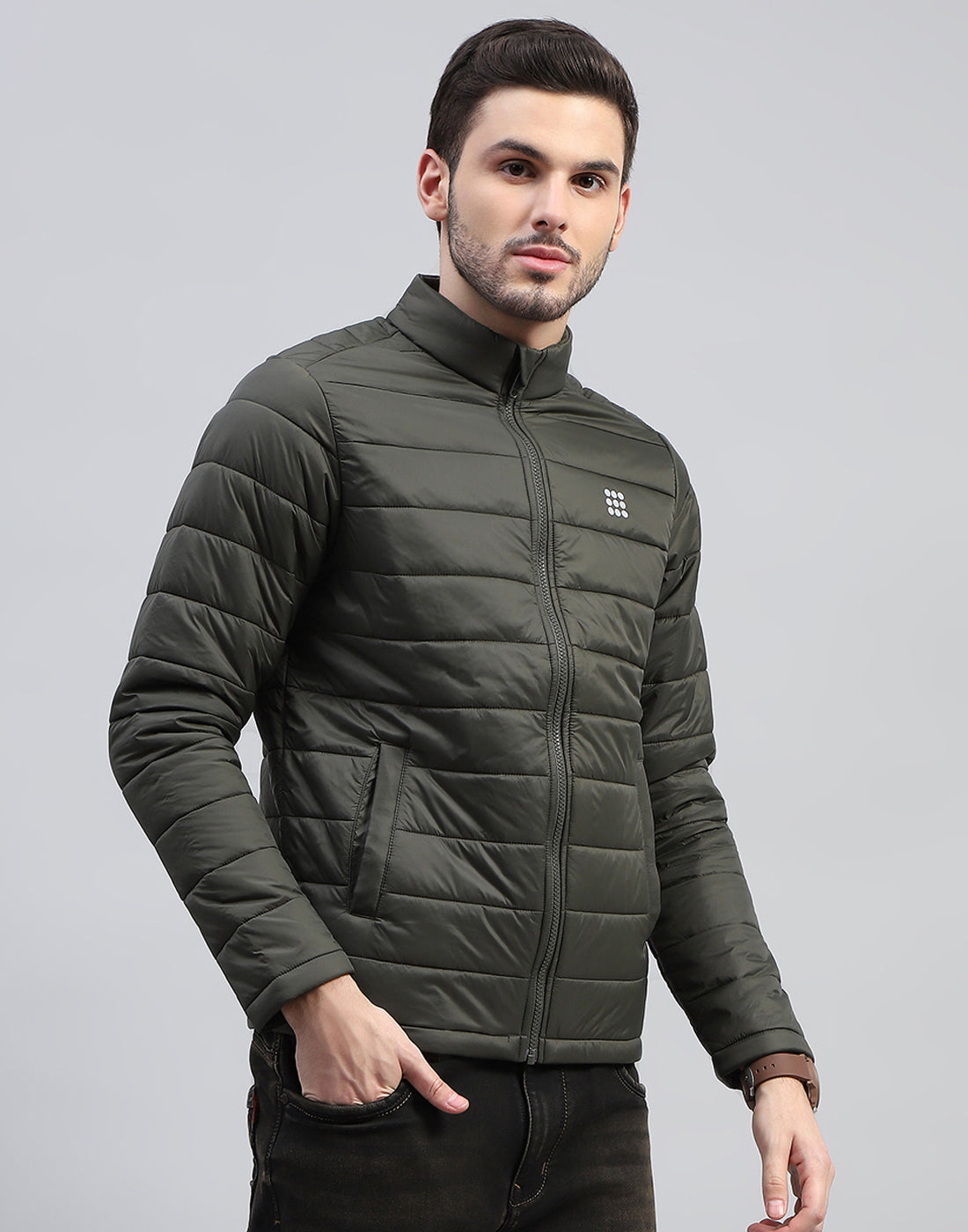 Rock.it Men Olive Solid Band Collar Full Sleeve Jacket