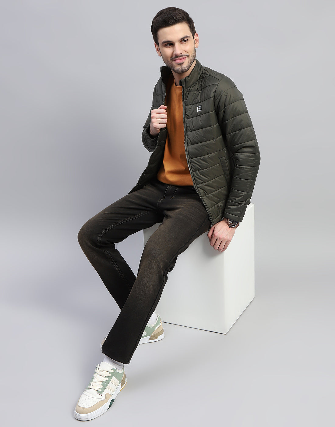 Rock.it Men Olive Solid Band Collar Full Sleeve Jacket