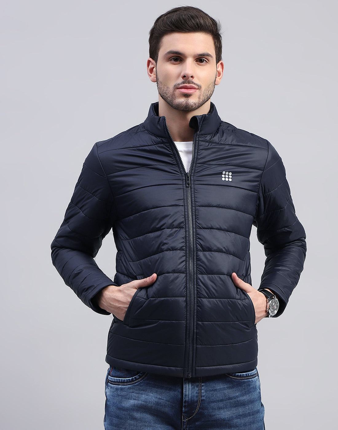 Rock.it Men Navy Blue Solid Band Collar Full Sleeve Jacket