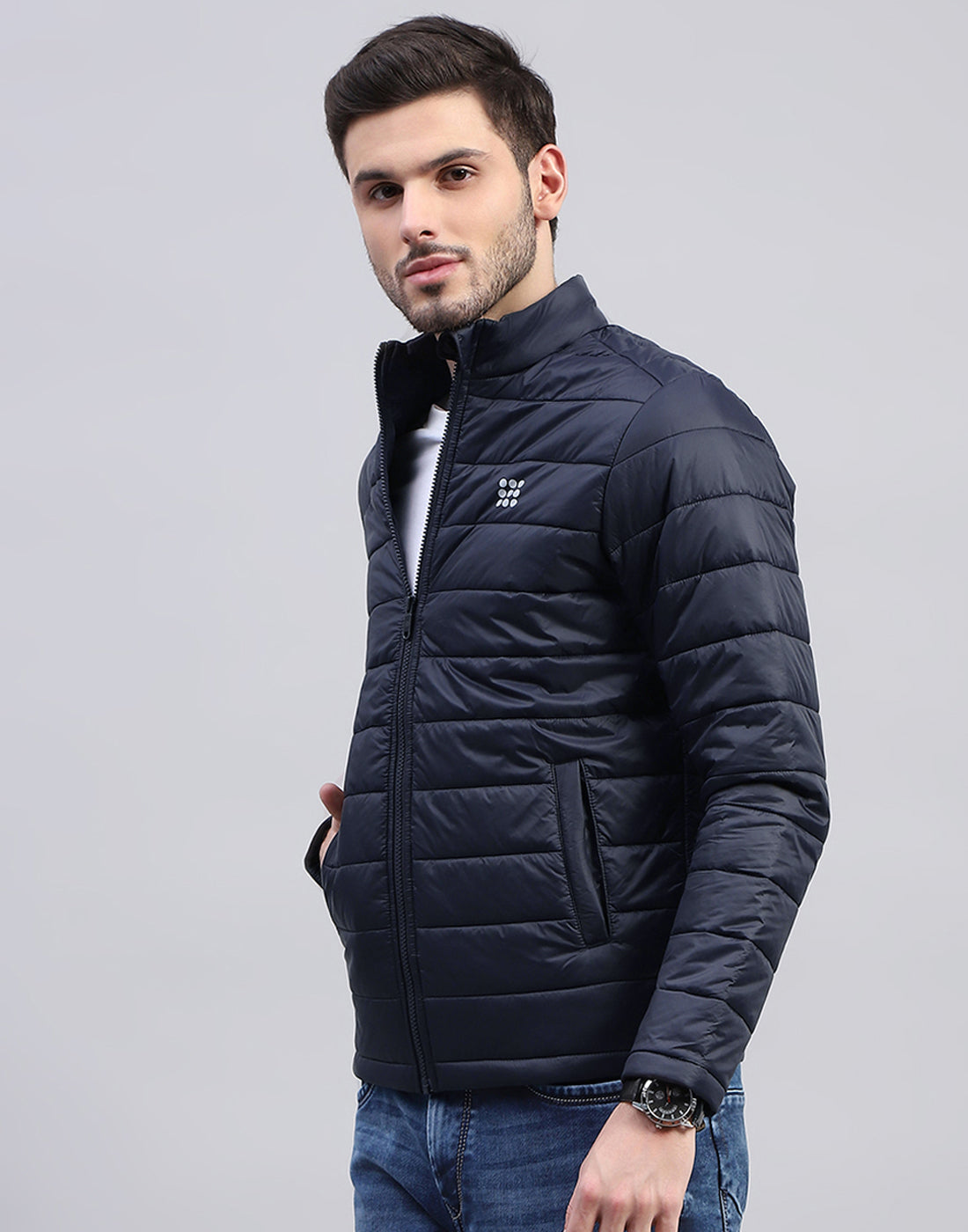 Rock.it Men Navy Blue Solid Band Collar Full Sleeve Jacket