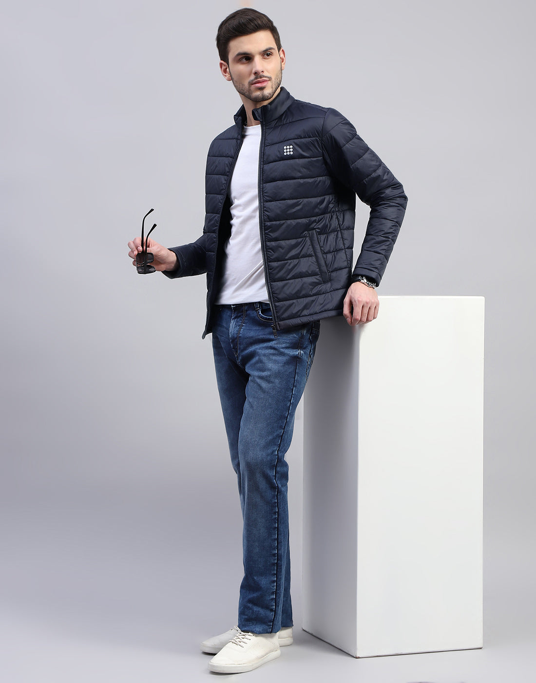 Rock.it Men Navy Blue Solid Band Collar Full Sleeve Jacket