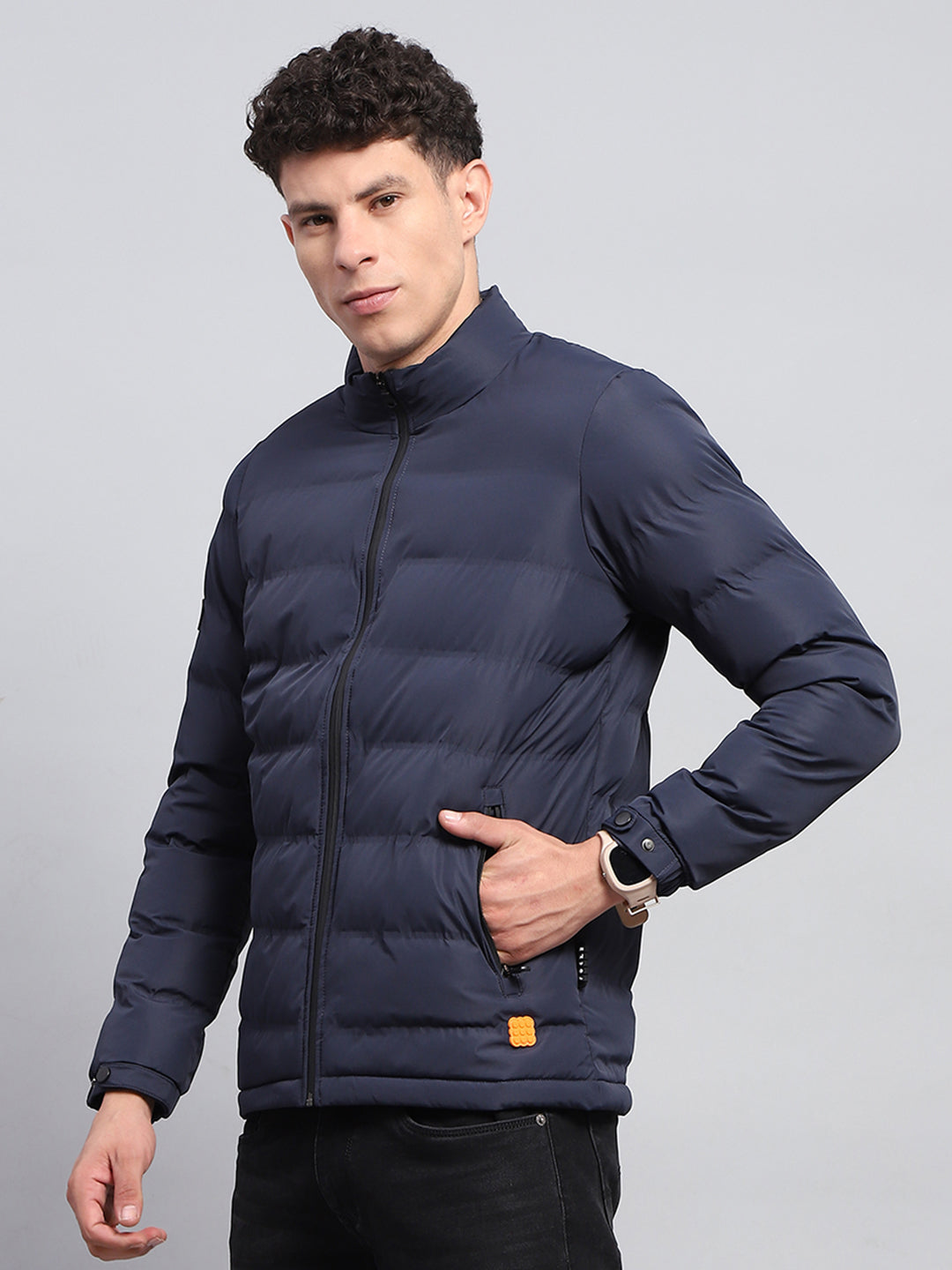 Rock.it Men Navy Blue Solid Mock Neck Full Sleeve Heating Jacket