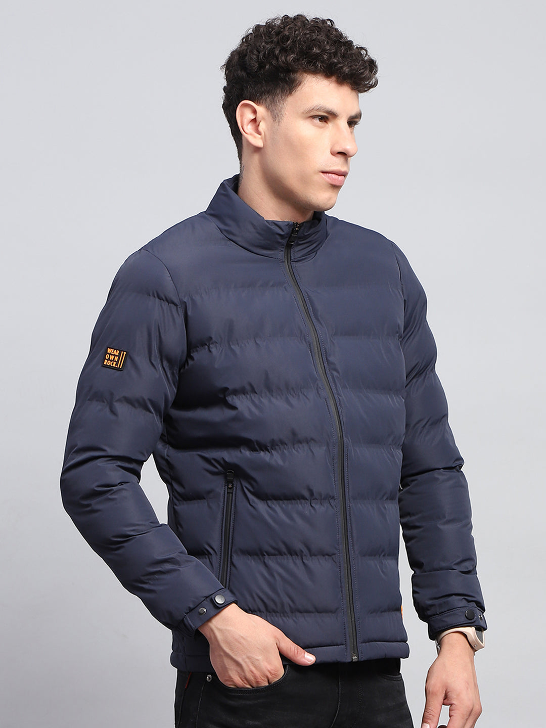 Rock.it Men Navy Blue Solid Mock Neck Full Sleeve Heating Jacket