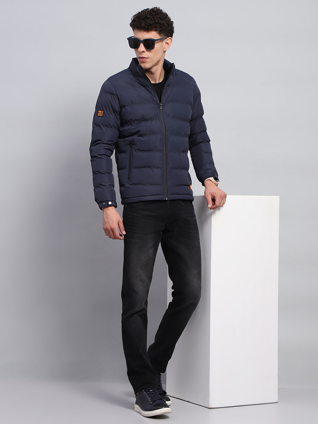 Rock.it Men Navy Blue Solid Mock Neck Full Sleeve Heating Jacket