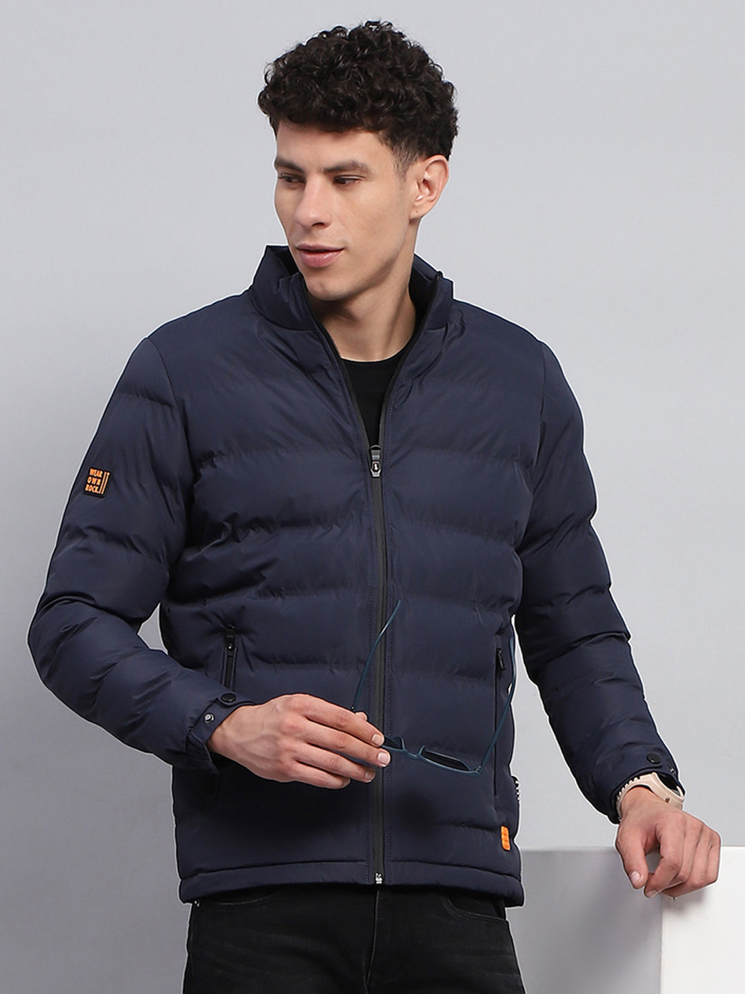 Rock.it Men Navy Blue Solid Mock Neck Full Sleeve Heating Jacket