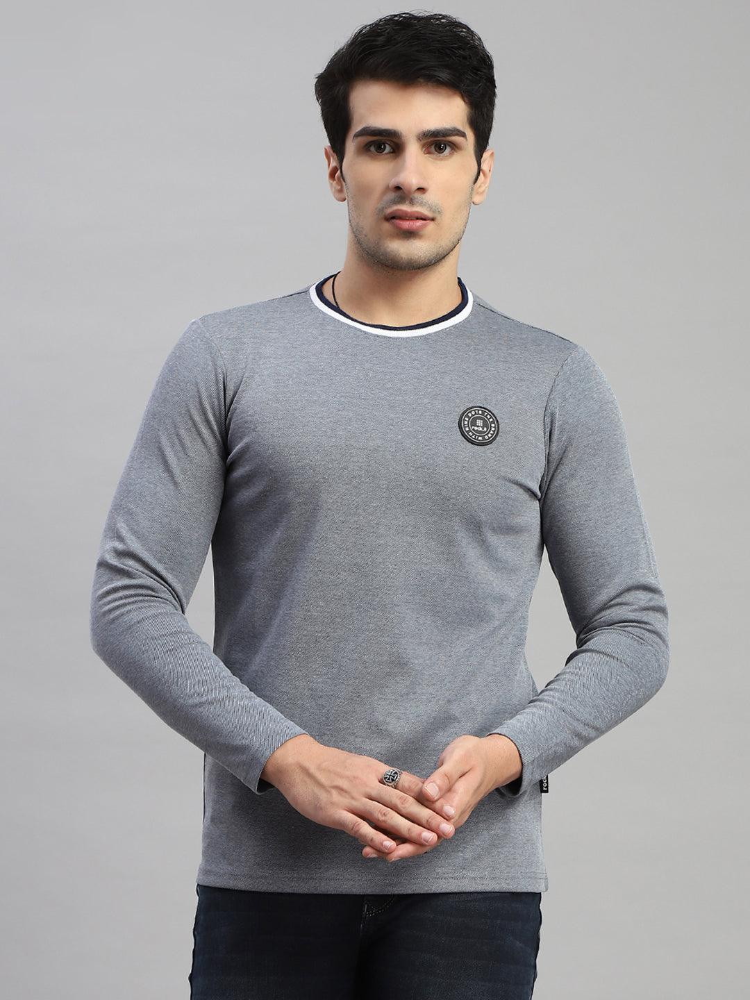 Rock.it Men Grey Solid Round Neck Full Sleeve T-Shirt