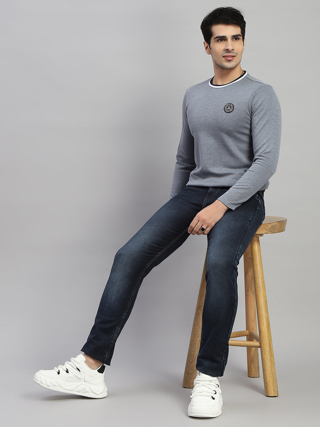 Buy Men Grey Solid Round Neck Full Sleeve T-Shirt Online in India