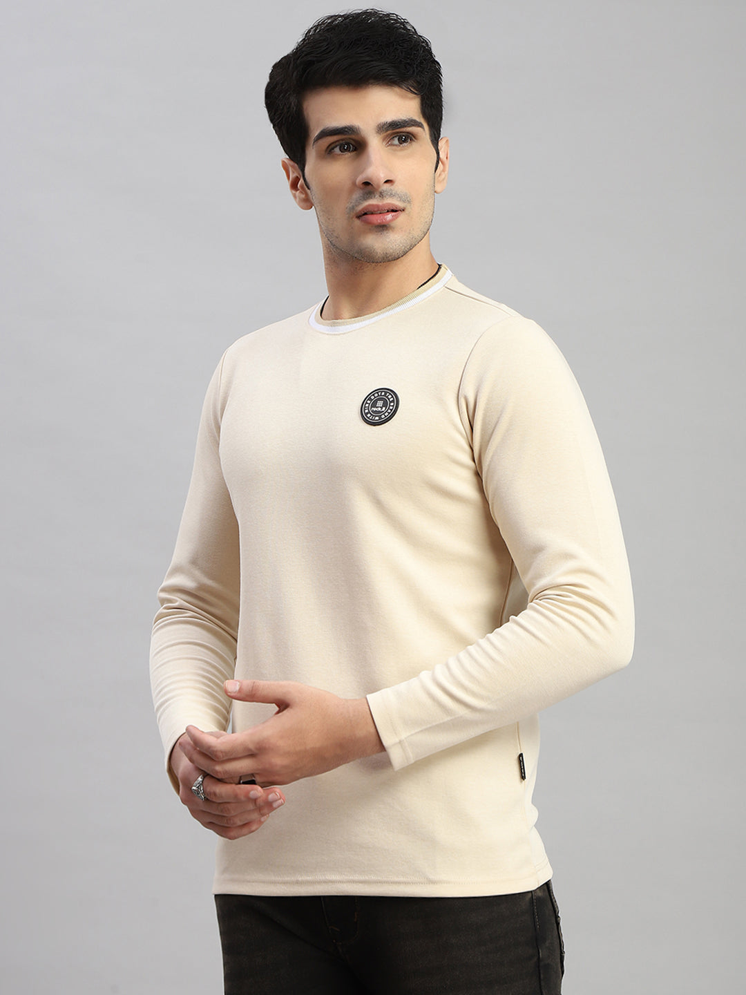 Rock.it Men Cream Solid Round Neck Full Sleeve T-Shirt