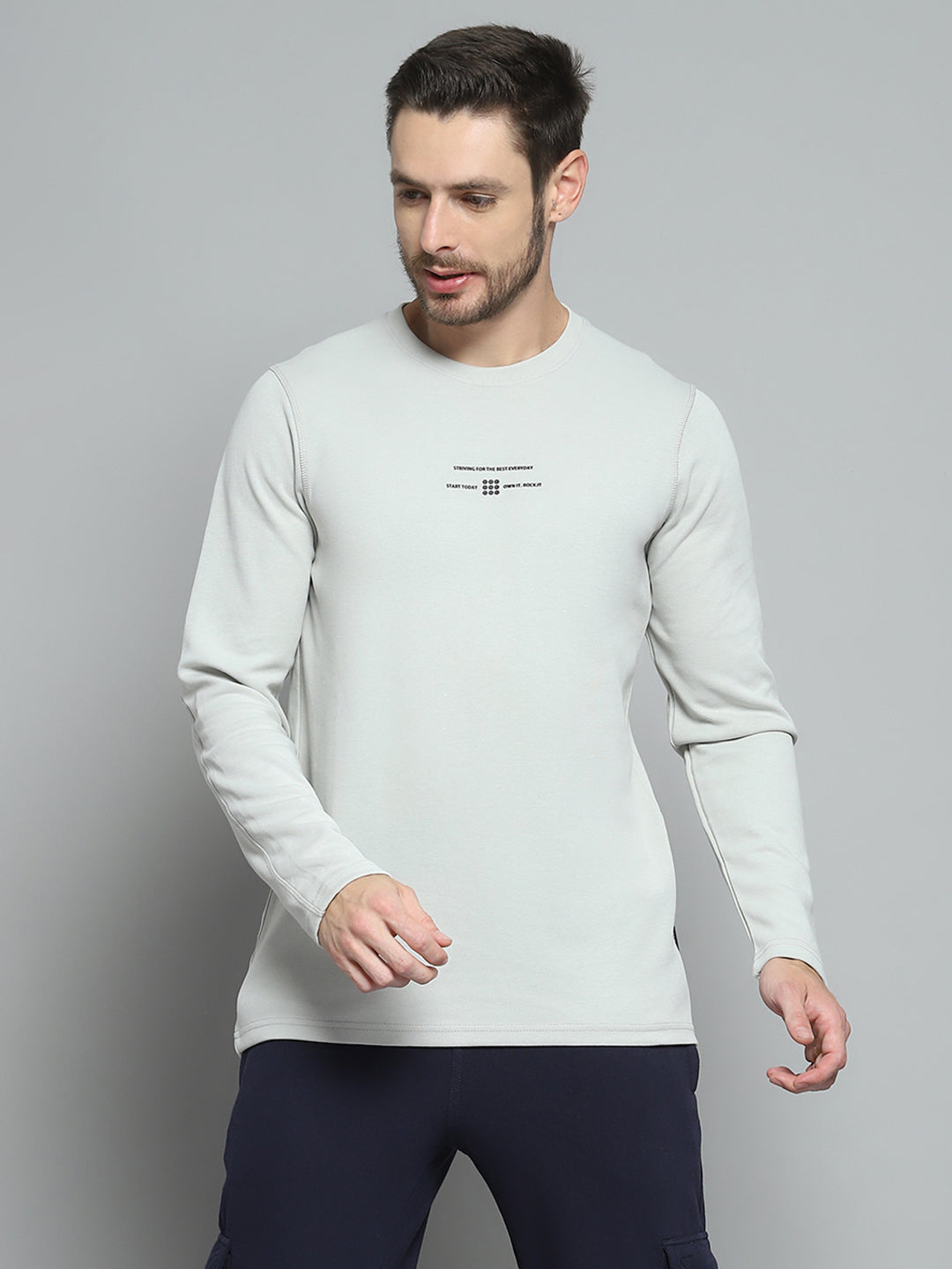Rock.it Men Grey Printed Round Neck Full Sleeve Winter T-Shirt