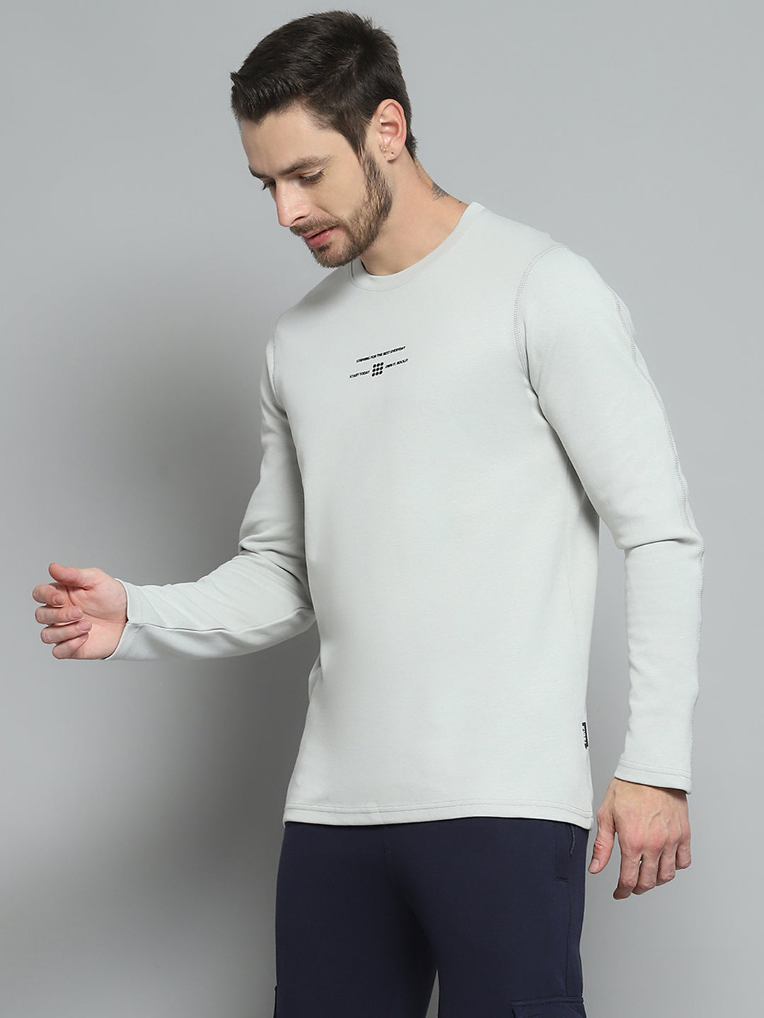 Rock.it Men Grey Printed Round Neck Full Sleeve Winter T-Shirt
