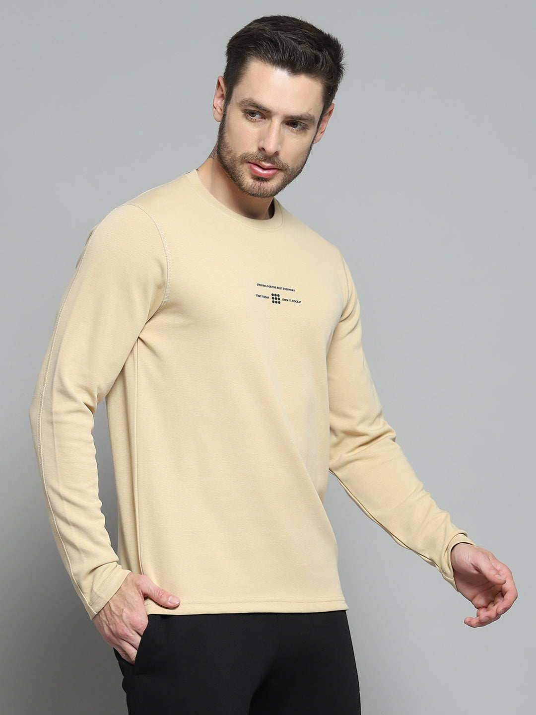 Rock.it Men Beige Printed Round Neck Full Sleeve Winter T-Shirt